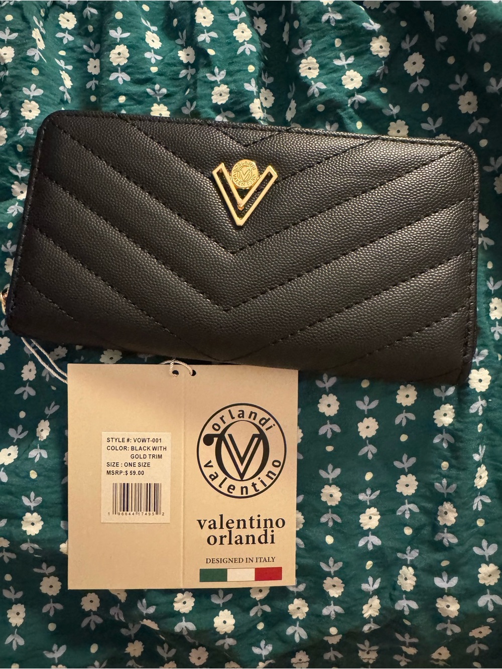 Valentino Orlandi Black Quilted Zip-Around Wallet with Gold V Emblem